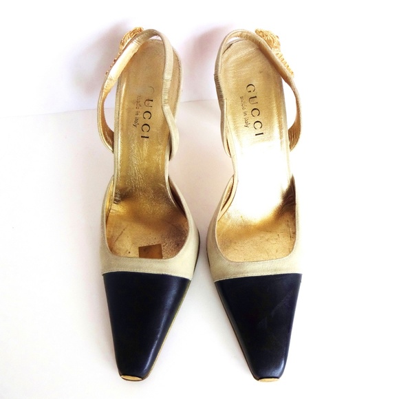 Gucci Gold Tiger Black and Tan Cap Toe Heels Shoes - Picture 1 of 8